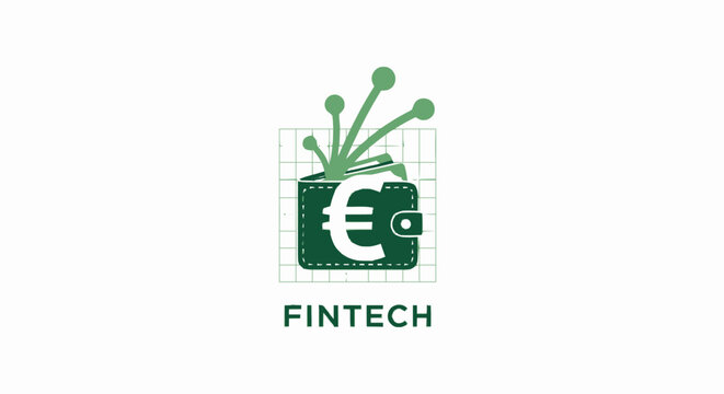 Fintech logo design featuring a green digital wallet with euro symbol and technology connections.