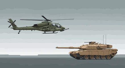 Fototapeta premium Military Helicopter and Tank, Army Hardware in Action, Armored Vehicle Combat