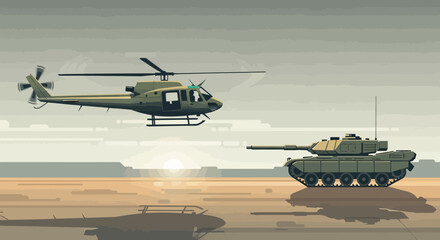 Fototapeta premium Military Helicopter and Tank Silhouette in Digital Art.