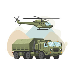 Fototapeta premium Military helicopter and truck illustration on abstract background