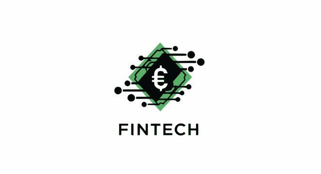 Fintech Logo Featuring Digital Currency Euro Symbol and Geometric Elements.