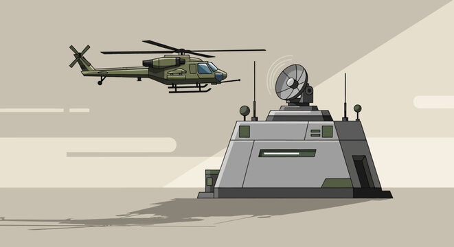 Military helicopter ascending near communication outpost illustration
