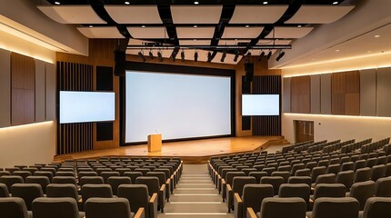 Naklejka premium Modern auditorium stage with large screen and seating arrangement