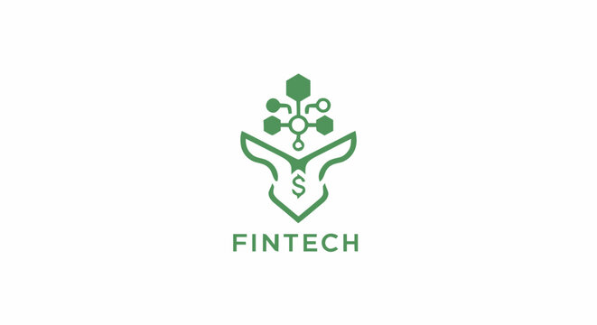 Fintech logo design with green bull head and circuit board network icon on white background.