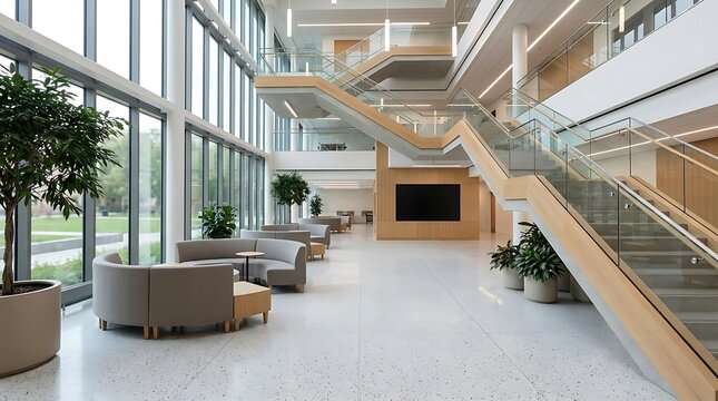 Modern interior building lobby with staircase and seating area