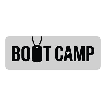Boot camp logo with dog tag and star on rectangle gray badge icon