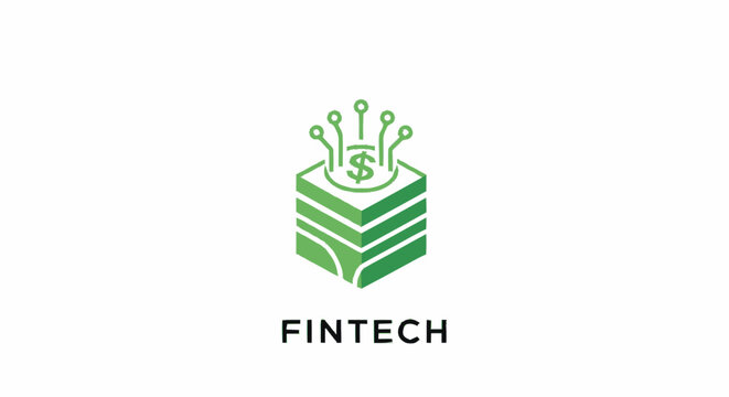 Fintech logo icon with green blockchain cube and dollar sign circuit board on white background.