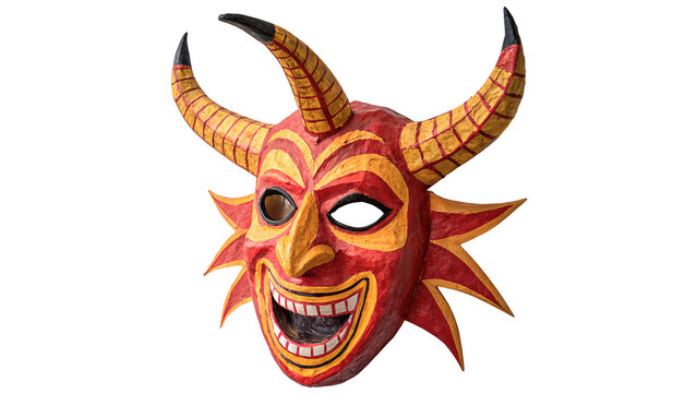 Traditional scary horned folklore devil carnival mask isolated on a transparent background