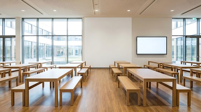 Modern interior cafeteria dining area with wooden tables and benches