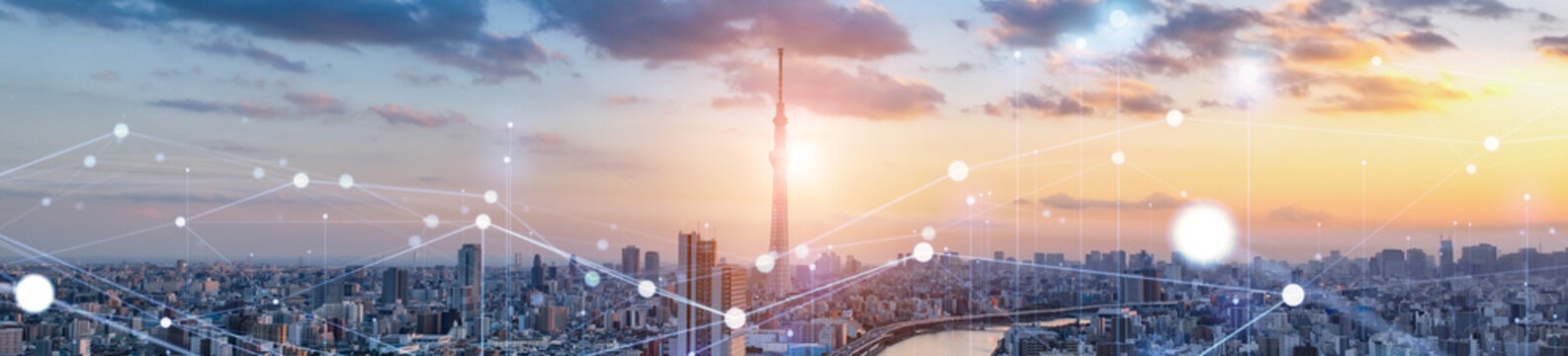 現代都市と通信ネットワーク。DX、社会、web、未来、サイバー、展望、データ、クラウド、バナー、広告
