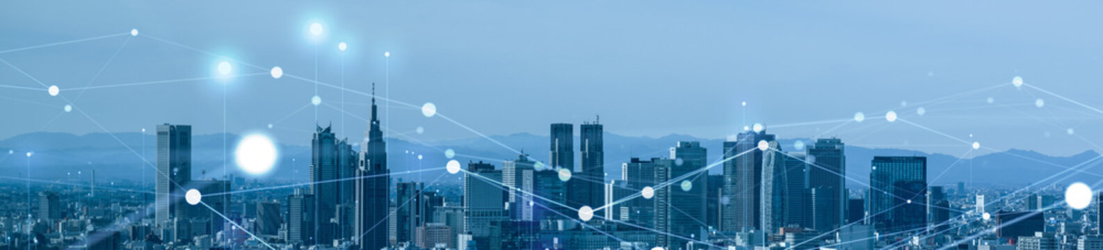 現代都市と通信ネットワーク。DX、社会、web、未来、サイバー、データ、クラウド、建設、バナー、広告