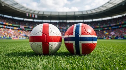 Fototapeta premium Two soccer balls with flags of England and Norway on a green grass pitch in a crowded stadium before an international football match