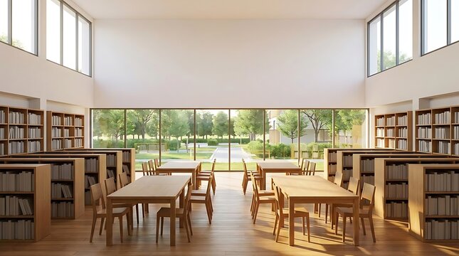 Bright modern library interior with wooden tables and large windows overlooking greenery