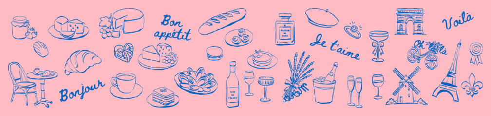 Charming Whimsical French elements baguettes, croissants, cheese, and wine © Viktoriia