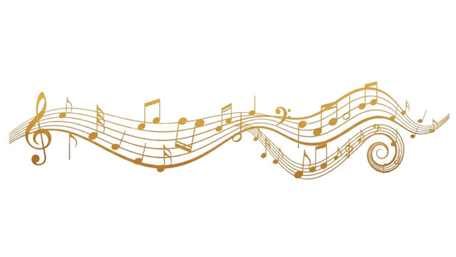 An illustration of golden music notes flowing in a wavy pattern on sheet music