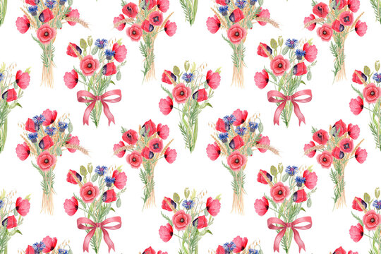 Poppy bouquets, red bows seamless watercolor floral pattern on white background. Hand painted romantic composition, perfect for feminine packaging, textile design, gift wrapping, wedding stationery