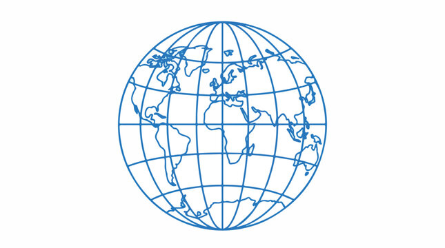 Blue outline globe icon with latitude and longitude grid lines featuring continents, a clean world map symbol