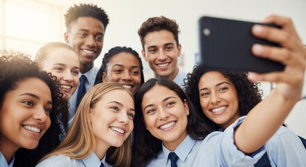 Fototapeta premium Group of students taking cheerful selfie in classroom environment, capturing joyful moment together. Students display friendship and connection while enjoying time at school.