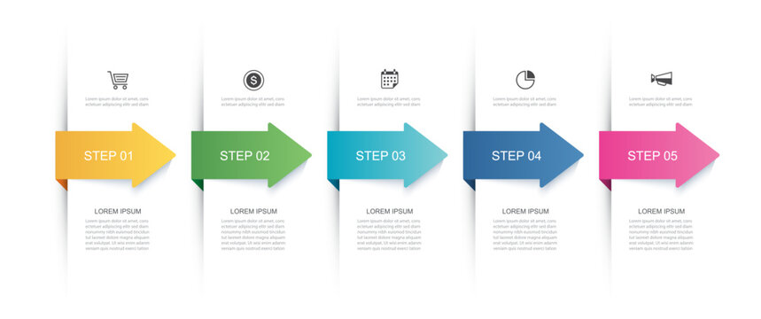 Modern business infographic strategy template with five arrow steps progression layout.