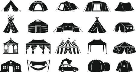 Camping Tent and Outdoor Shelter Silhouette Icon Set with Glamping Yurts, Teepees, and Event Canopies for Adventure Tourism Apps, National Park Maps, and Hiking Guides © Sultana