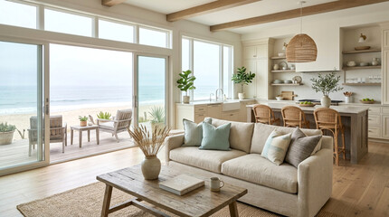 Fototapeta premium Sunlit coastal living room with open kitchen layout and beach seaview