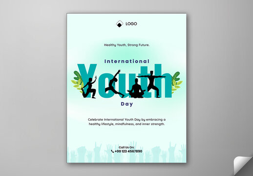 Editable International Youth Day Social Media Post Template with Silhouettes Illustration of Yoga and Meditation on Pastel Teal Background.