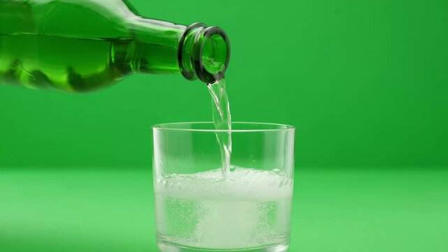 Green liquid pouring into glass with effervescent bubbles forming during process in studio lighting