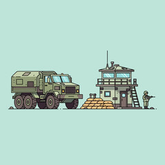 Fototapeta premium Military Scene Illustration: Armored Truck, Watchtower, Soldier, Combat