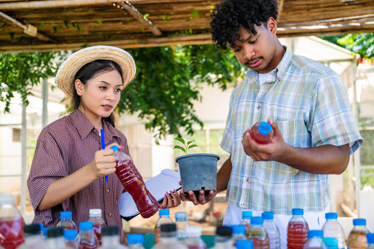 Agricultural education, Agricultural students group inspecting organic fertilizer bottles analyzing DIY bio-fertilizer on farm, Leaning workshop with bio-fertilizer and plant care discussion.