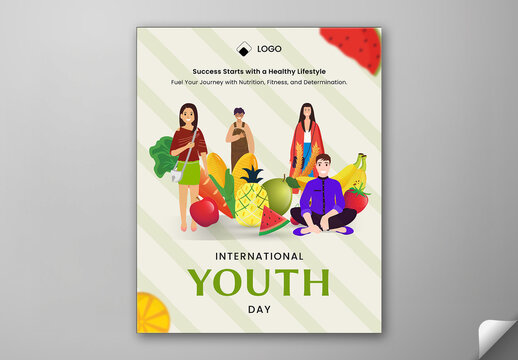 Editable International Youth Day Social Media Post Template with Happy Young People and Healthy Food Illustration.