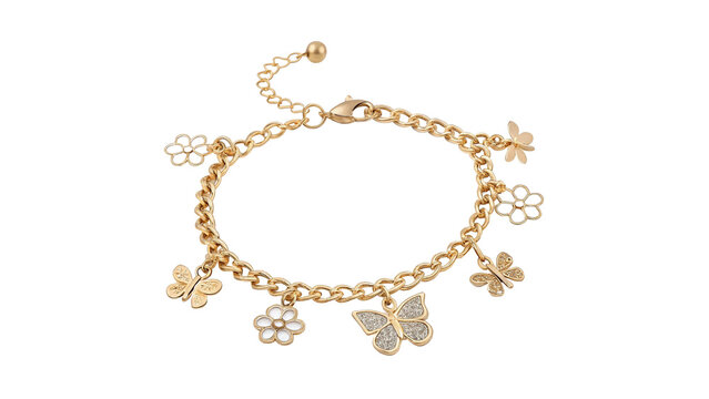 Elegant shiny gold metallic chain bracelet jewelry accessory with charms isolated on transparent background cut out