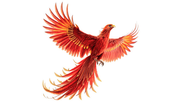 Magnificent red firebird phoenix rising with wide open wings isolated on transparent background cut out