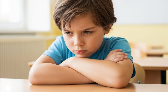 Upset child with crossed arms sitting at desk in classroom. Child exhibits signs of frustration and discontent while seated at wooden table in school environment.