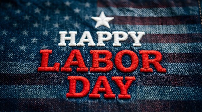 Embroidered happy labor day greeting on denim american flag background