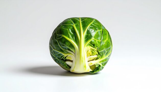 A close-up of a single, fresh, green Brussels sprout on a white background