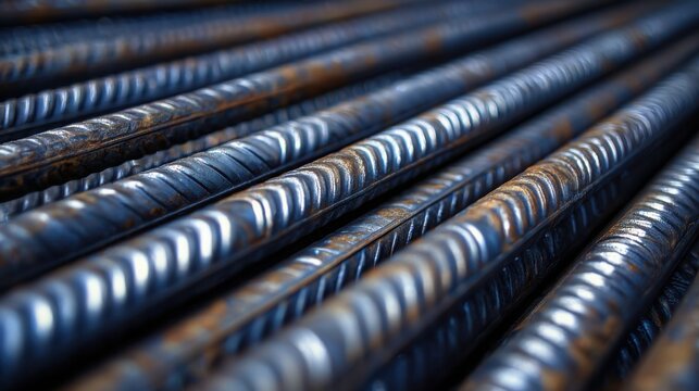 Macro pattern of ribbed reinforcing steel bars arranged in parallel lines, industrial construction texture, metallic reflections, hyper realistic