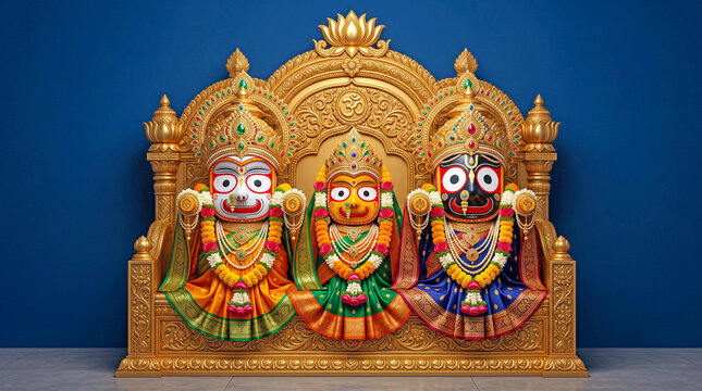 Lord Jagannath, Balabhadra and Subhadra Idols on an Ornate Golden Temple Throne with Blue Background