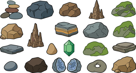 Vector Rock and Mineral Asset Set with Cartoon Stone Illustrations, Mossy Boulders, Crystals, and Geodes for Video Game Environments and Map Design © Sultana
