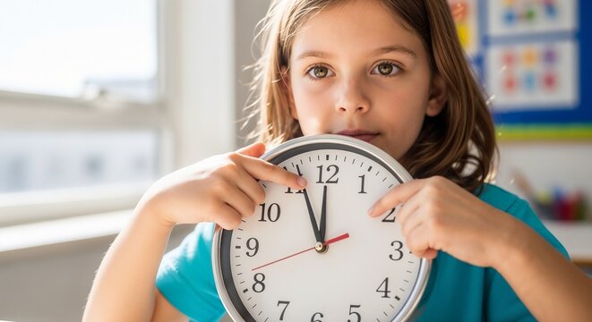 Young girl learning to tell time with classroom clock showing hours and minutes. Child explores concept of time with clock in hands, highlighting educational themes for children.