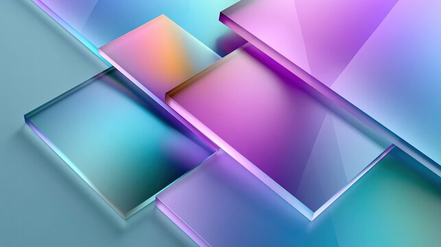Abstract 3D background featuring overlapping frosted glass panels with a vibrant purple and cyan blurred gradient in modern glassmorphism UI style.