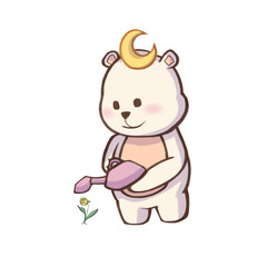 Lazy White Bear Watering Small Plant, Cute Kawaii Chibi Illustration © Artnares99