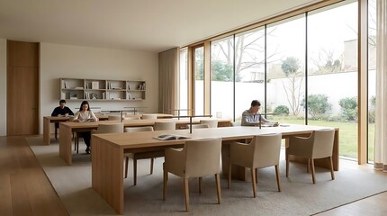 Fototapeta premium Modern study area with natural light and large windows