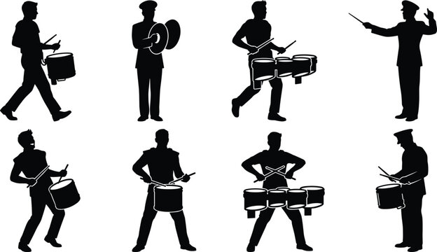 Marching Band Silhouette Collection with Drummers, Cymbal Player and Conductor Performance Vector Set
