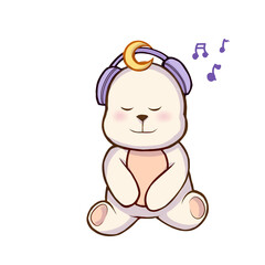 White Bear Listening to Music with Headphones, Kawaii Chibi Illustration © Artnares99