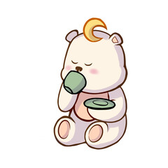 Cozy White Bear Holding Tea Cup, Kawaii Chibi Character Illustration © Artnares99