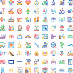 Fototapeta premium Collection of diverse colorful vector line icons showcasing a wide range of concepts including lifestyle, technology, business, travel, medicine, education, and social issues