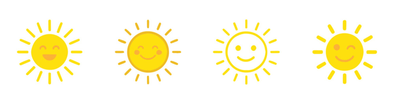 Cute sun icon set, smiling sunshine emoji, happy weather symbol, summer cartoon face vector