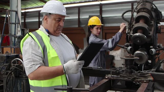 Industrial senior engineer supervisor foreman training Asian female worker to work with machinery at manufacturing plant metal factory. Two workers in safety suit and helmet operating machine together