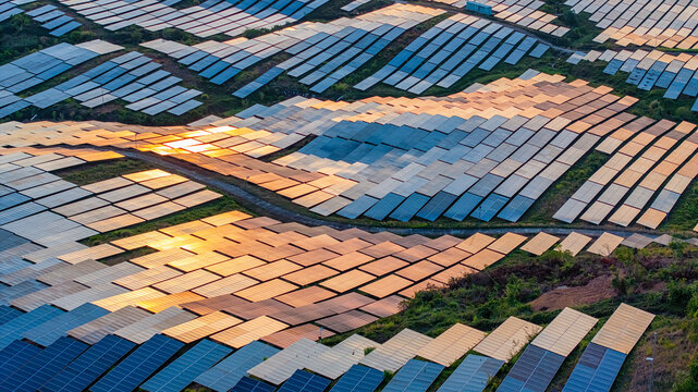 Solar panels reflect sparkling light From the sun ,Clean energy and environment. 3D rendering, Xuan Tho, Dak Lak, Vietnam
