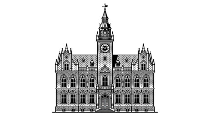 Vintage Town Hall Building Illustration, Ornate Architecture, Clock Tower © rara